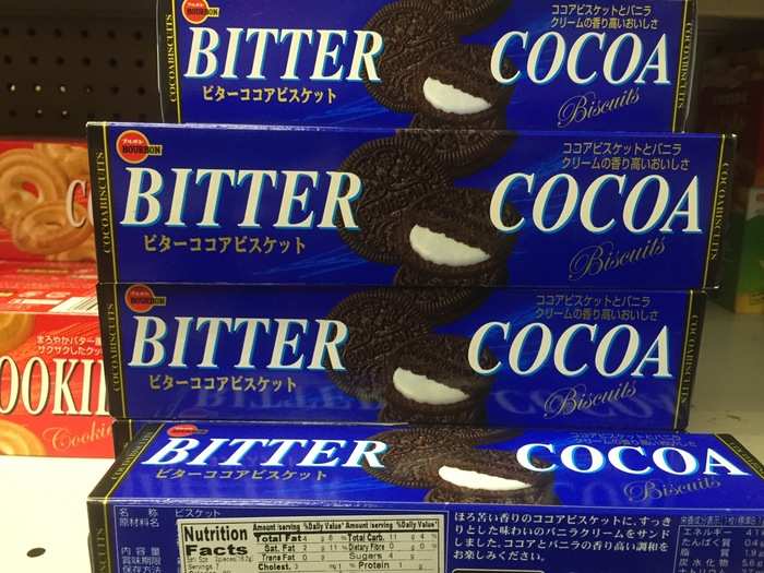 I found the Japanese version of Oreos. These had more flavor than the soft Oreos; they tasted almost identical to American Oreos. These "Bitter Cocoa" cookies were not bad.