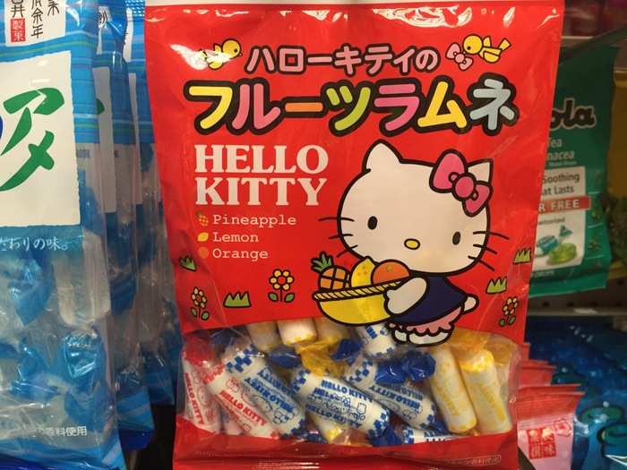 Hello Kitty is featured on lots of products in the store. I found Hello Kitty candy, cosmetics, and accessories.