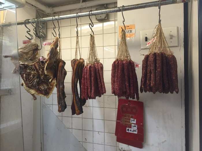 The meat section is a little unorthodox for a traditional grocery store. I found this meat hanging in a back corner.