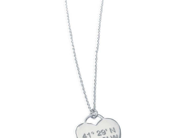 A custom Lat & Lo sterling silver necklace inscribed with the latitude and longitude coordinates to the Dolby Theater in California. $150