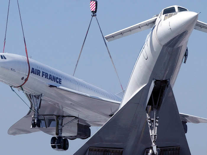 Now, the Concordes have become museum pieces. Here, an Air France Concorde joins its Soviet rival, the TU144, as a show piece.