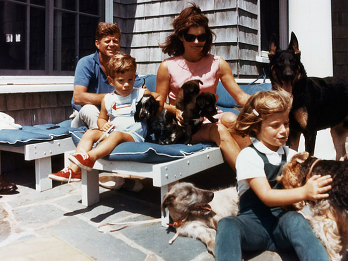 John F. Kennedy: German Shepard named "Clipper," Welsh terrier named "Charlie" (with Caroline), mixed-breed named "Wolf" (reclining by Caroline), Irish cocker spaniel named "Shannon" (with John Jr. ), and two of Pushinka