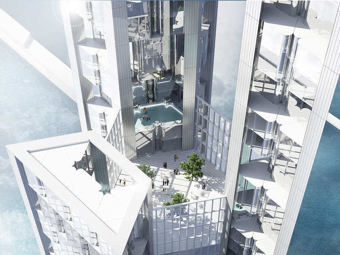 A vertical network of residential communities would be linked together by multi-level sky lobbies. From here, residents could access shared amenities like shops, restaurants, hotels, gyms, libraries, and clinics within the building.