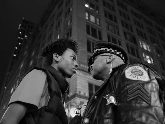 Contemporary Issues Singles, 3rd prize: John J. Kim, USA — Lamon Reccord stares down a police sergeant during a protest following the fatal shooting of Laquan McDonald by police in Chicago, Illinois, USA, 25 November 2015.