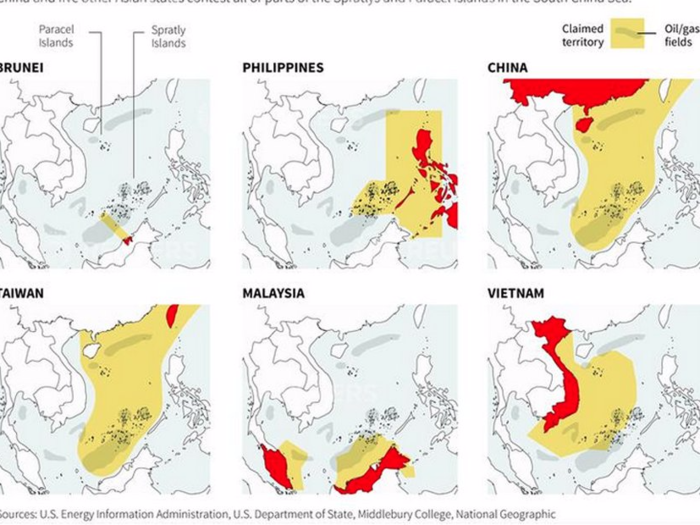 Brunei, China, Taiwan, Malaysia, Vietnam, and the Philippines claim various parts of land in the Spratly Islands — one of the island chains in dispute in the South China Sea.