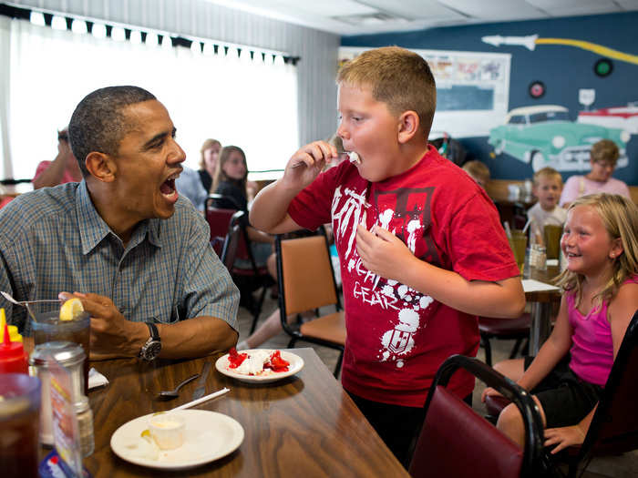 A young Ohio boy splits some strawberry pie with the POTUS.