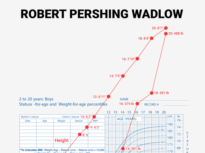 As a kindergartner, 5-year-old Wadlow wore clothes intended for a 17-year-old. Three years later, Wadlow towered at a height of 6 feet 2 inches tall and weighed nearly 200 pounds. Here