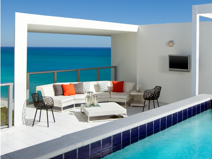 At the W South Beach, the two penthouse suites come with perks: each has its own ocean-view pool on a private terrace, complete with lounge area and outdoor kitchen.