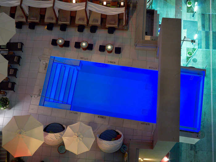 Enjoy great views of the Dallas skyline at The Joule Hotel, where the pool expands eight feet out from the edge of the building.