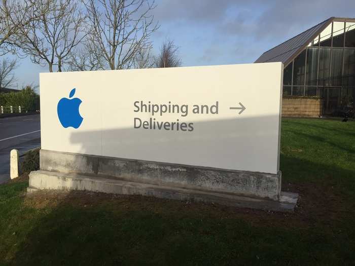The logo was attached to a "Shipping & Deliveries" sign. When I pulled up there were several lorries coming in and out of the entrance, possibly containing some of the customised iMacs that are made in Cork.