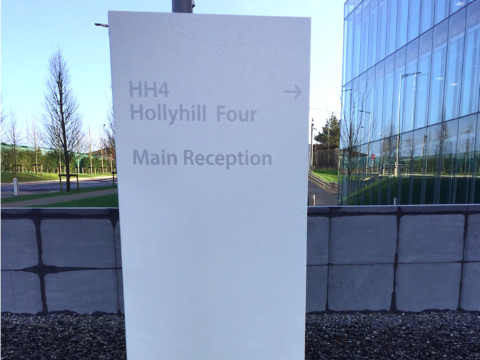 This is what the signs around the Apple campus look like. The main buildings are simply called "Hollyhill" followed by a number.