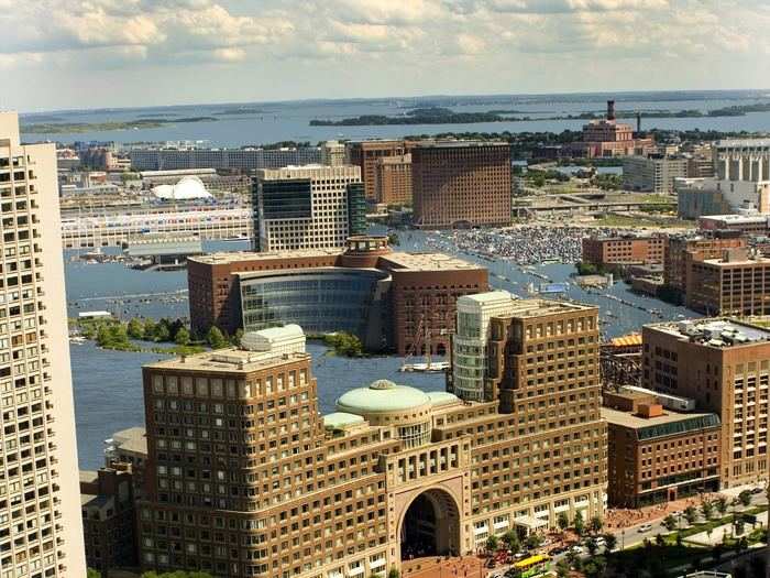 A real-life scene of Boston Harbor in 100 years if sea level rises 5 feet.