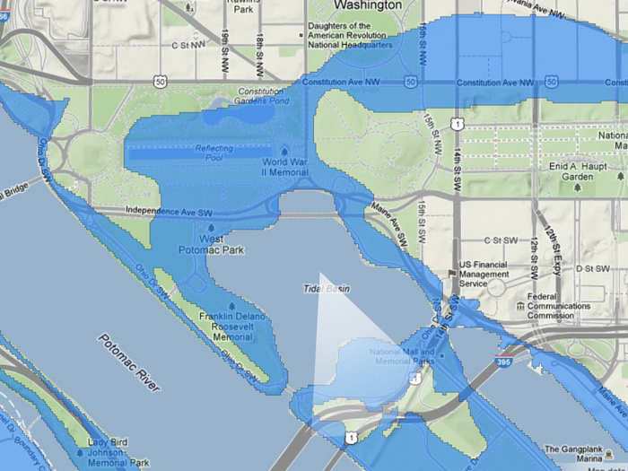 A map of Jefferson Memorial in 2300 if sea level rises 12 feet.