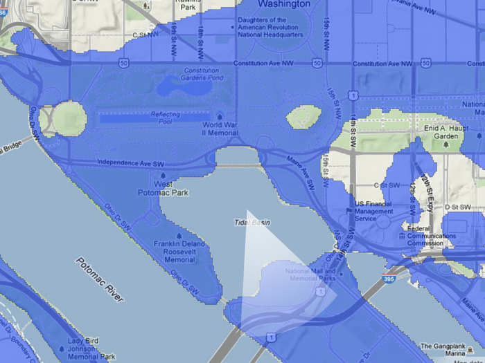 A map of Jefferson Memorial in the next few centuries if sea level rises 25 feet.