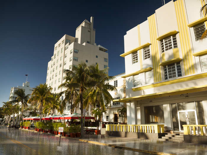 A real-life scene of Ocean Drive in 100 years if sea level rises 5 feet.