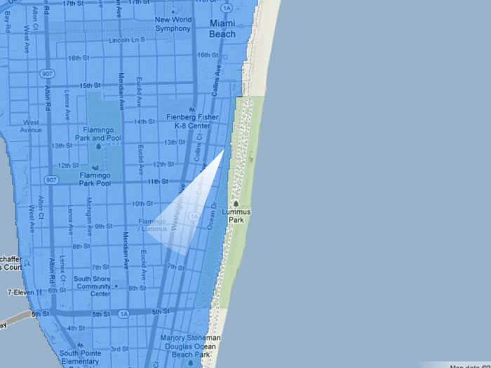 A map of Ocean Drive in 2300 if sea level rises 12 feet.