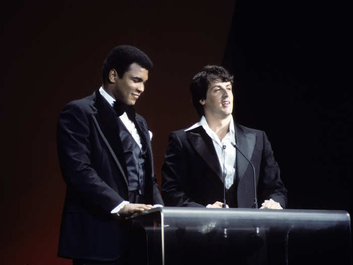 Muhammad Ali and Sylvester Stallone at the 49th Annual Academy Awards in 1977.