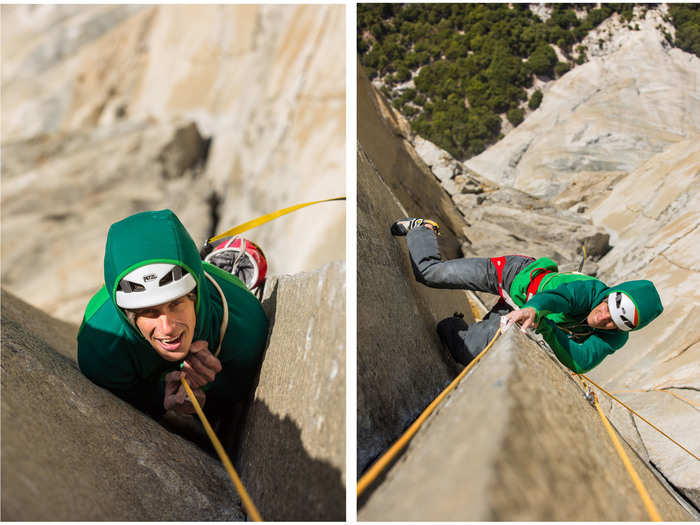 Glassberg did not climb The Nose with Verhoeven, but he spent days with him during his preparation. He would hike to the summit of El Capitan with static rope and fix the rope into the summit. He would then repel down the face where Verhoeven was, so that he would be in position to photograph from there. Then he was able to ascend the fixed rope and move above him as he climbed.