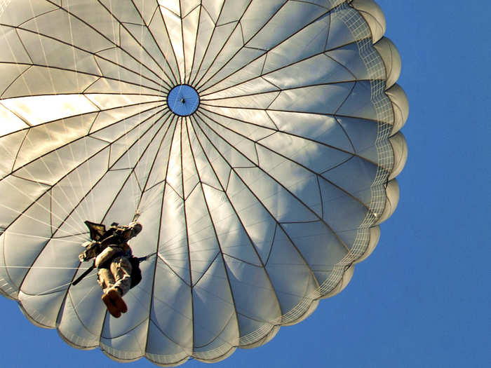 Paratroopers descend onto Fort Bragg’s Sicily Drop Zone after exiting an Air Force C-130 aircraft