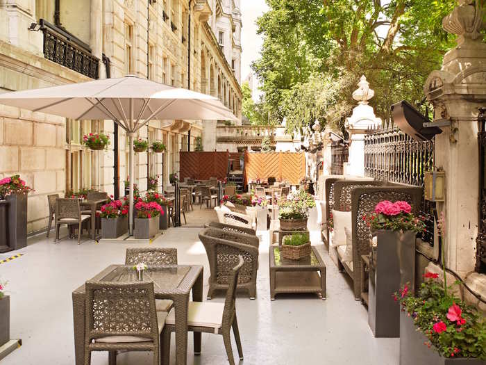 A picnic terrace overlooking the Thames yields beautiful views of the London Eye.