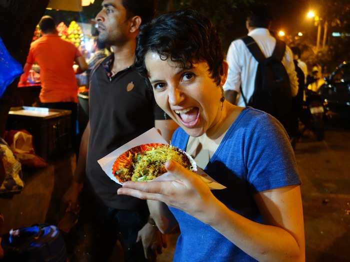 For the rest of my trip, I stick with traditional Indian food — like this papdi chaat I from a street vendor. It