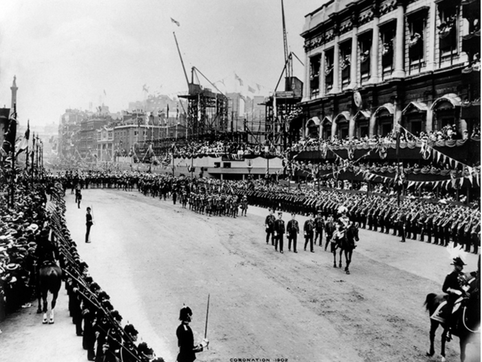 Old War office building, Whitehall (1902) — This picture shows the procession for the coronation of King Edward VII passing the construction of The Old War Office building.