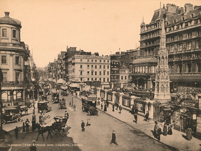 The Strand and Charing Cross (date unknown) — Here a replica Eleanor Cross, a lavishly decorated royal monument, stands in front of Charing Cross Station on The Strand. The station opened in 1864 but the date of the picture is unknown.