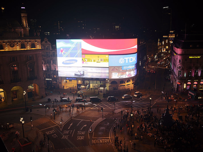 Piccadilly Circus (present day) — the enormous electrical billboards are among London