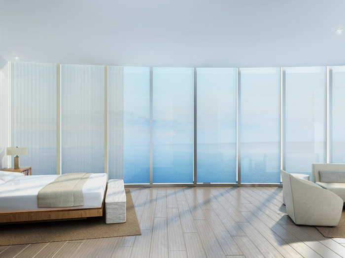 This rendering of a bedroom in one of the units shows the minimalist design and endless views.