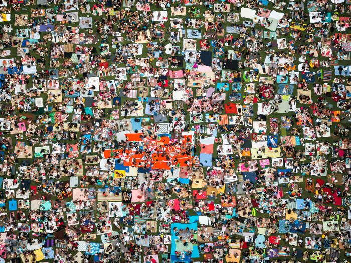 Blankets are spread out for summer movie night at Bryant Park in Manhattan, New York.