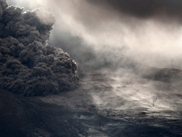 Volcanic material flows from Mount Sinabung in North Sumatra, Indonesia.