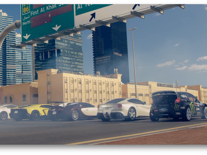 ... next is a drag race with (left to right) a Lexus LFA, Lamborghini Aventador, Bugatti Veyron, and Ferrari F12.