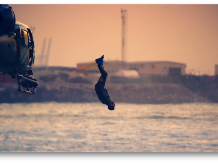 He celebrates a successful run with a backflip off of a helicopter.