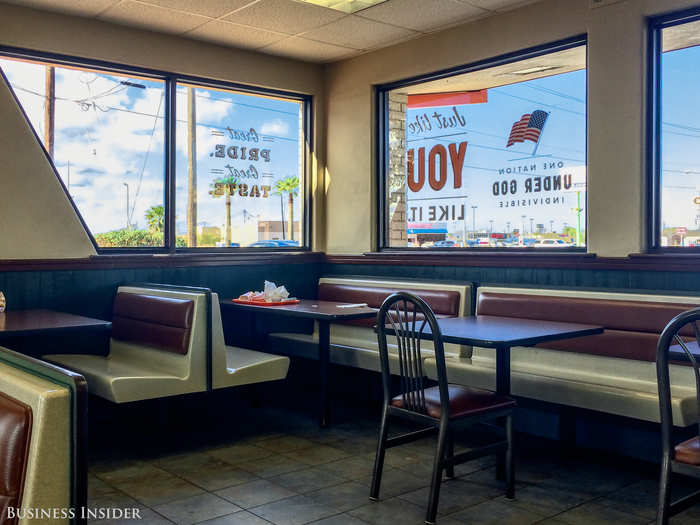 The booths and seats are classic old–school fast–food style. Nothing trendy or hip about this place, and that