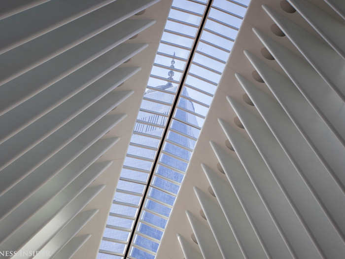 The 330-foot retractable skylight will be open on days accompanied by nice weather, as well as annually on 9/11. One World Trade Center is visible through the skylight.