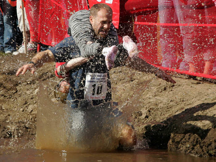 Wife carrying originated in Finland and made its way to North America in 1999. The sport involves a man carrying a woman — who are not required to be legally married — on his back, running through obstacles along the way. If the man drops his partner, their team must add five seconds to their time. The team who finishes the course with the fastest time wins.