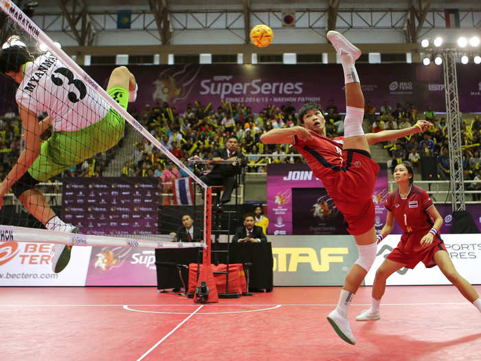 Sepak takraw, which originated in Asia, is like volleyball, except the players must use their feet to get the ball over the net. Players are allowed to use any part of their body to keep the ball in the air, except for their arms or hands.