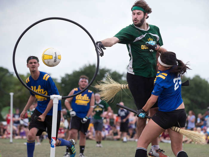 Quidditch started out as a fictional game for wizards in the popular "Harry Potter" series. Fans loved the idea of quidditch so much that it soon became a real sport played internationally. A team is made up of seven athletes who must play with a broom between their legs at all times. It borrows elements from rugby, dodgeball, and tag.