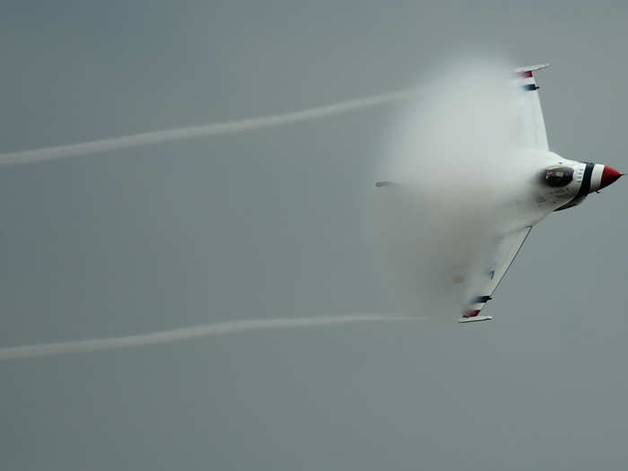 US Air Force Thunderbirds pilot Maj. Williams performs a Sneak Pass during the Boston-Portsmouth Air Show at Pease Air National Guard Base.