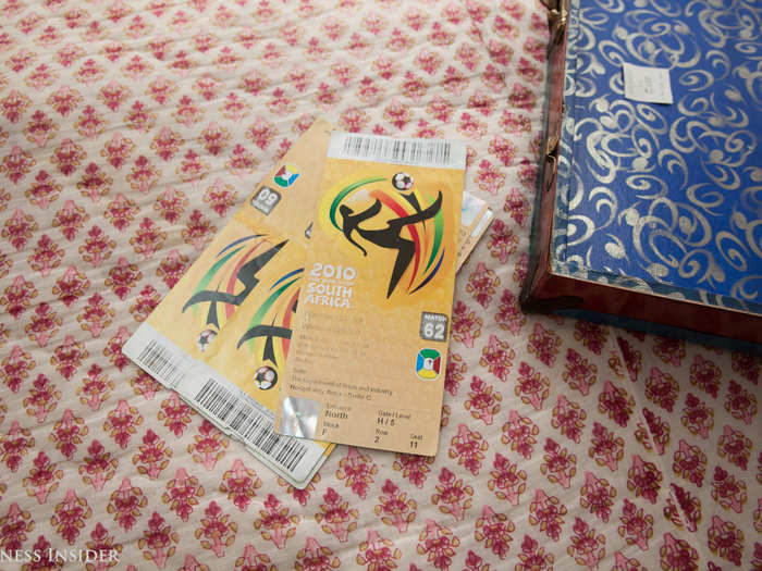 The 2010 World Cup in South Africa was a turning point for Agrawal: it was there that she came face-to-face with the serious issues that women in developing countries deal with when it comes to hygiene. It was also a lifelong dream to attend the World Cup, given her longstanding love for soccer. Below, her tickets.