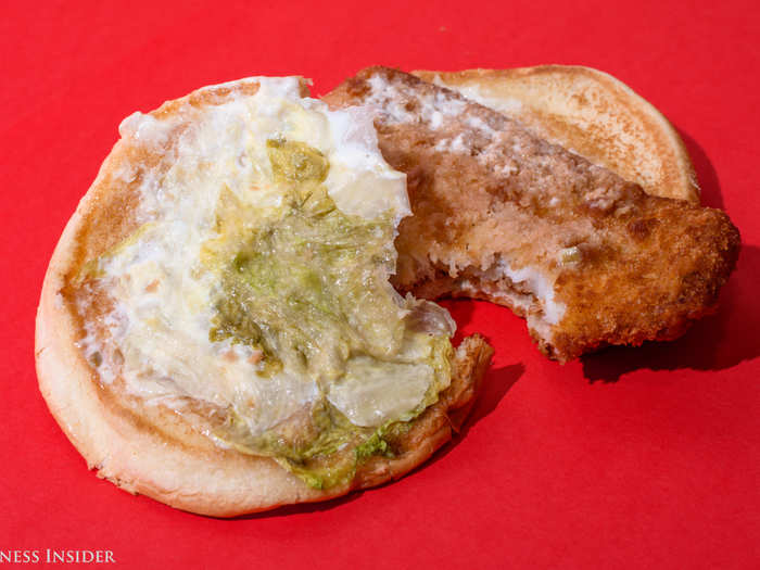 The crispy fish sandwich is a mess. The soggy lettuce, the copious amount of bland tartar sauce, and the weak bun makes for a sub-par sandwich.