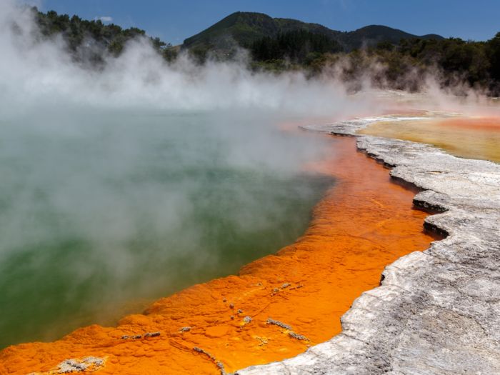 The Wai-O-Tapu Thermal Wonderland in New Zealand has been sculpted from thousands of years of volcanic activity. Considered New Zealand’s most colorful and diverse geothermal attraction, the sight features bubbling mud pools, mineral terraces, and geysers.