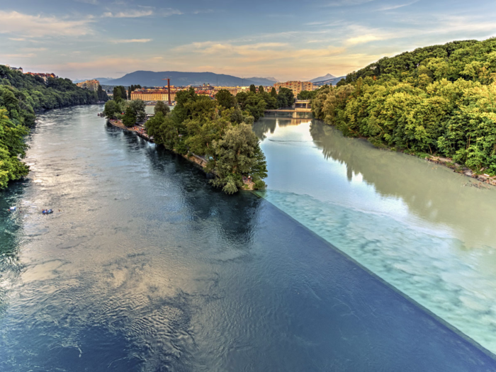 In Geneva, travelers can witness the majestic sight of two rivers colliding with one another. The Rhone River starts in Lake Lehman, while the Arve River is fed by glaciers in the Chamonix valley. When the two bleed into one another, it makes for a stunning sight.