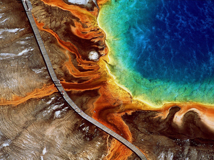 Marvel at Grand Prismatic Spring, located in Wyoming