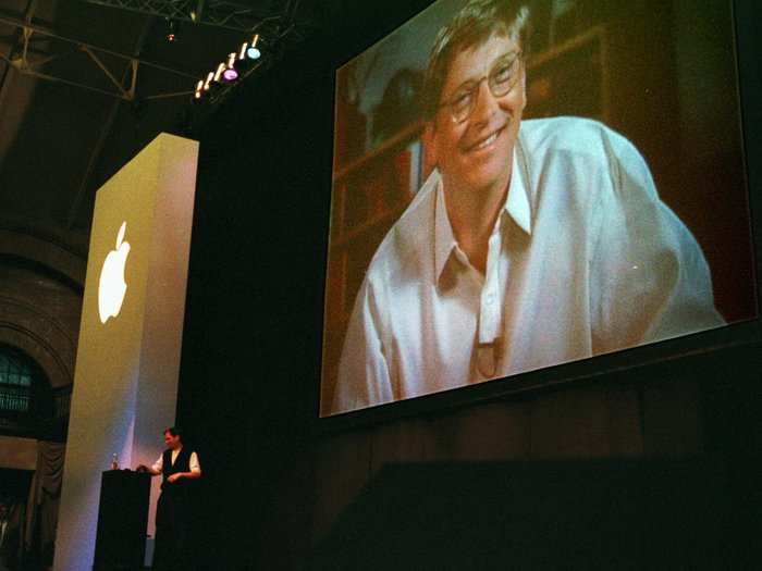 By 1997, Jobs was Apple CEO. At his first Macworld keynote, he announced that he had accepted an investment from Microsoft to keep Apple afloat. Bill Gates appeared on a huge screen via satellite uplink. The audience booed.