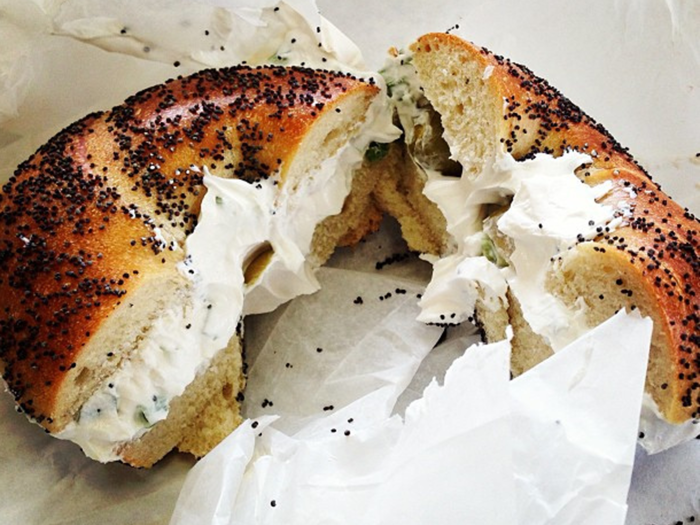 Do you bite into a whole bagel with cream cheese, or do you eat it when it