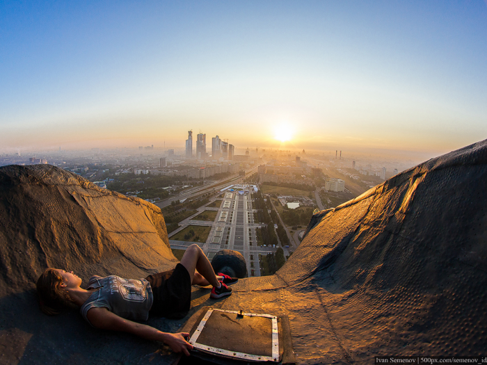 Here, they scaled 462 feet to the top of the Victory Monument in Russia.