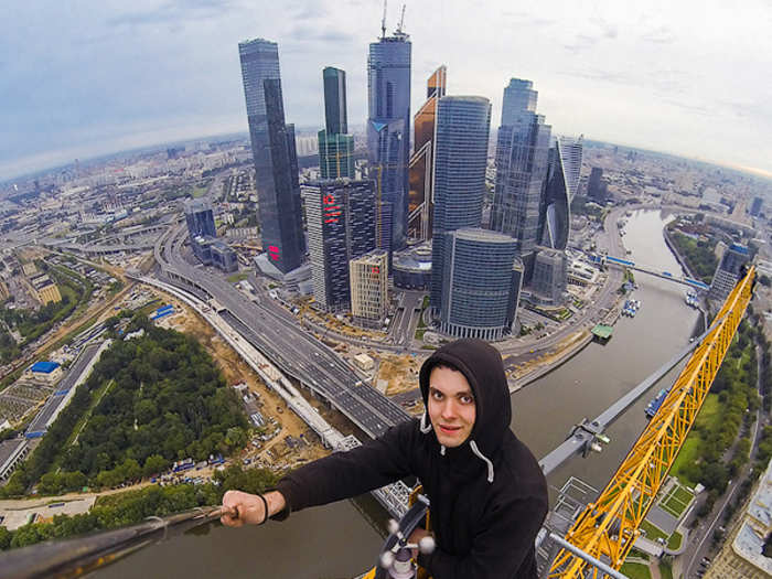 For some members, part of the thrill comes from getting around the security in buildings. This selfie was taken from a crane at the Mirax Plaza building in Moscow at a height of around 780 feet.