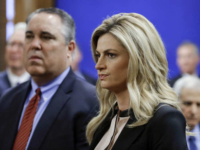 Sportscaster and television host Erin Andrews stands with her attorney as they wait for the jury to enter the courtroom before closing arguments, Friday, March 4, 2016, in Nashville, Tennessee.