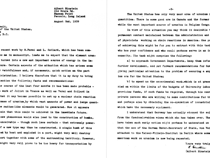 On August 2, 1939, a month before World War II, Einstein wrote this two-page letter to President Franklin D. Roosevelt that launched the US into a nuclear arms race against the Nazis.